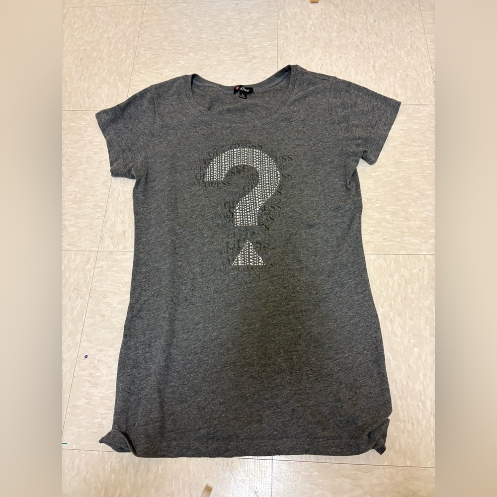 Guess grey t-shirt with rhinestone question mark design